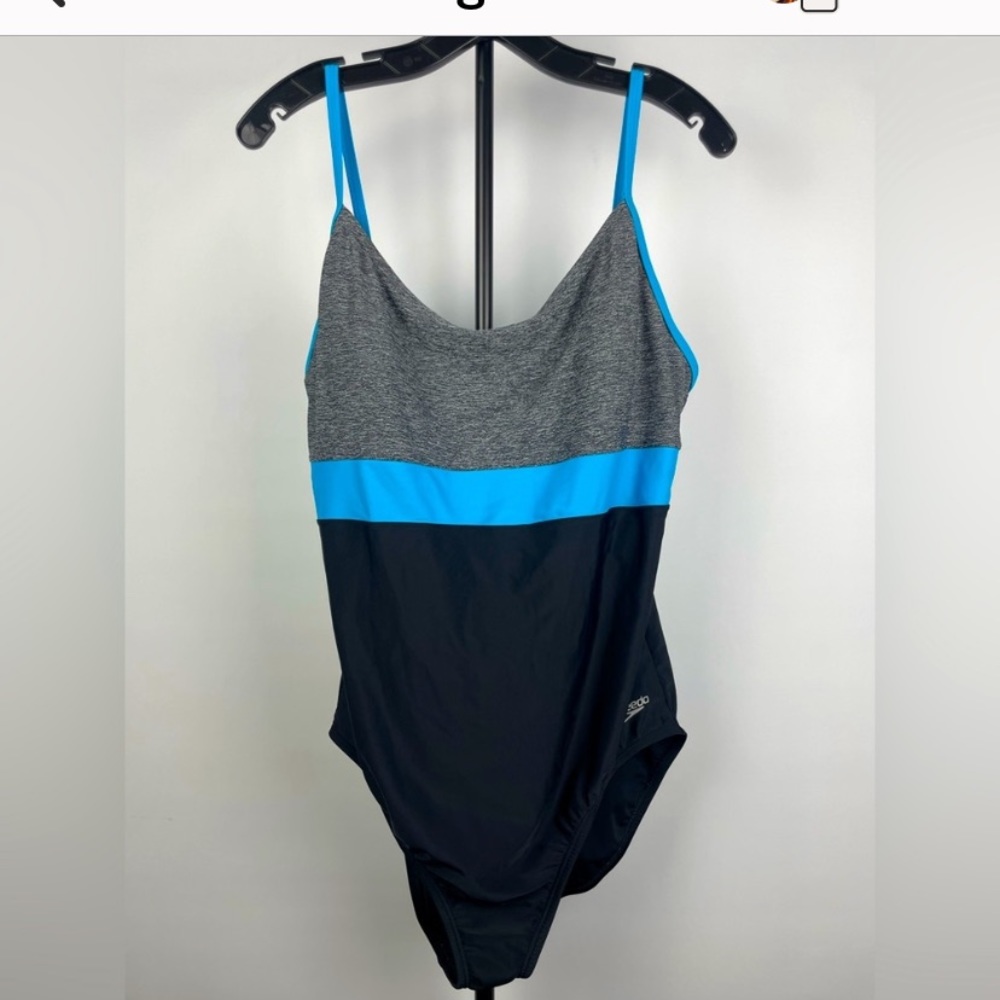 SPEEDO Black Gray Blue Colorblock One Piece Modest Swimsuit